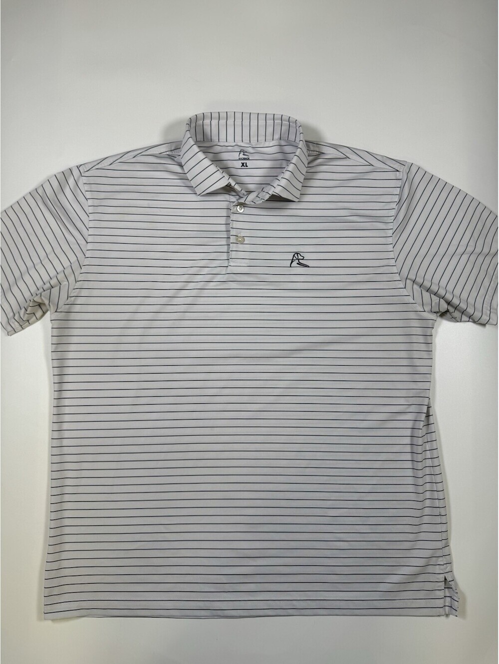 Rhoback Polo Shirt Mens XL White Navy Stripe Performance Golf Stretch Dog Logo